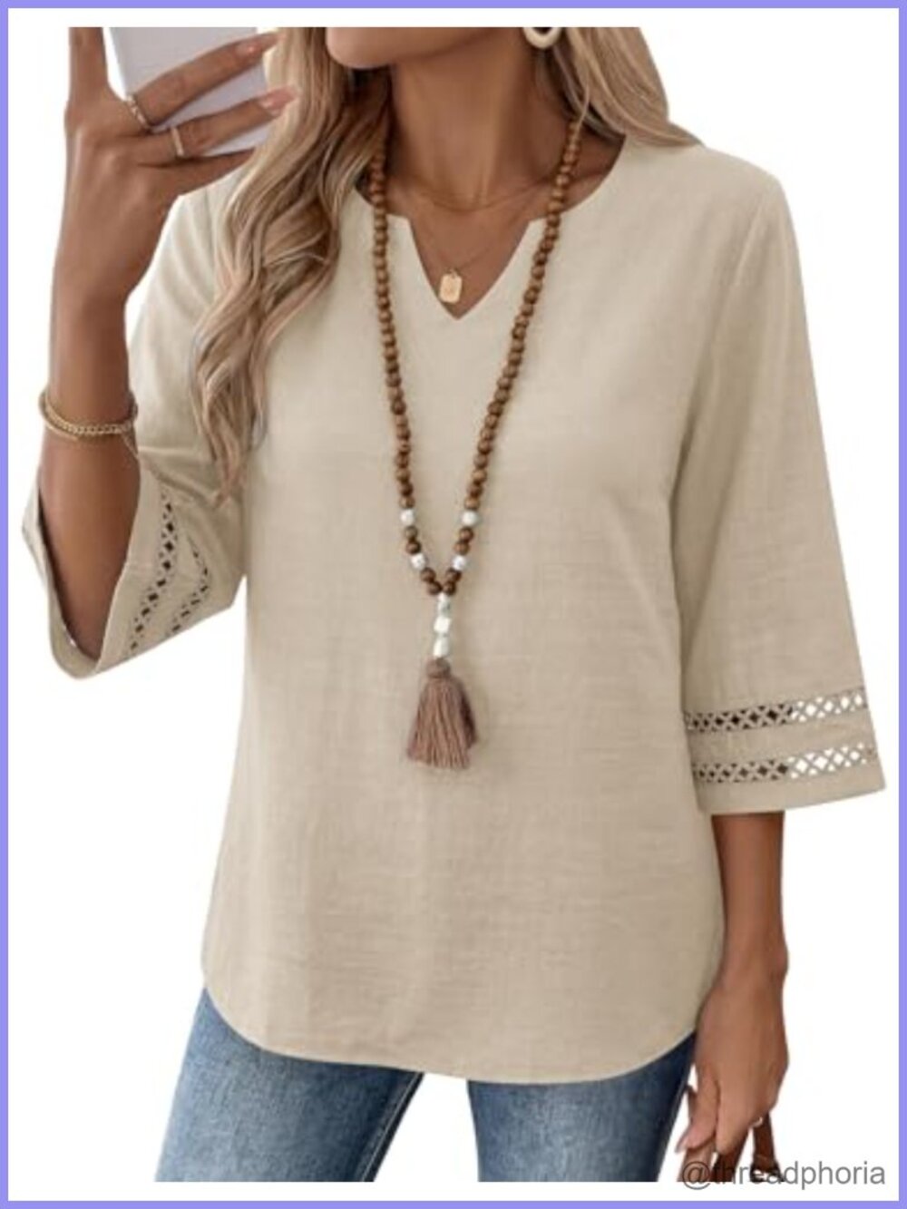 Womens 3/4 Sleeve V Neck Floral Lace Tunic Blouse Cotton Linen Loose Fit